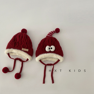 婴儿护耳帽冬季加厚保暖超萌可爱大眼睛小球针织帽宝宝红色帽子冬