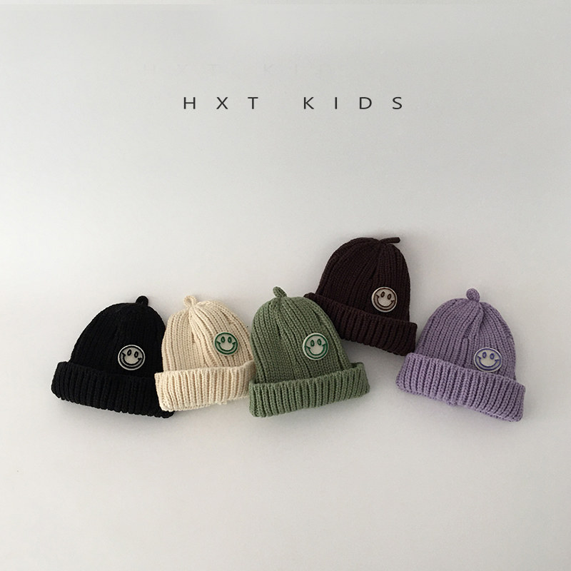 ins韩国个性笑脸儿童毛线帽~2022年秋冬新款卷边韩版宝宝针织帽潮