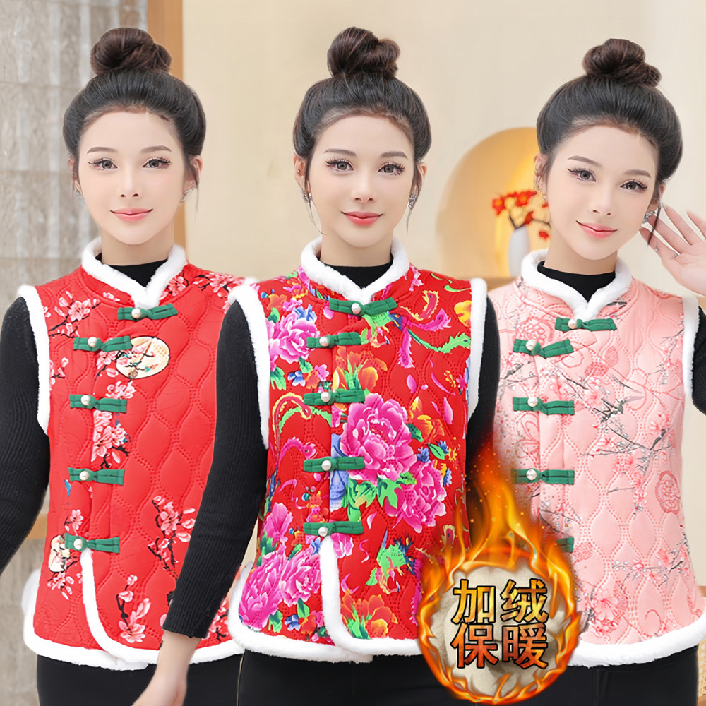 东北大花马甲棉袄加绒马夹棉衣洋气加厚拜年演出服抖音坎肩民族风