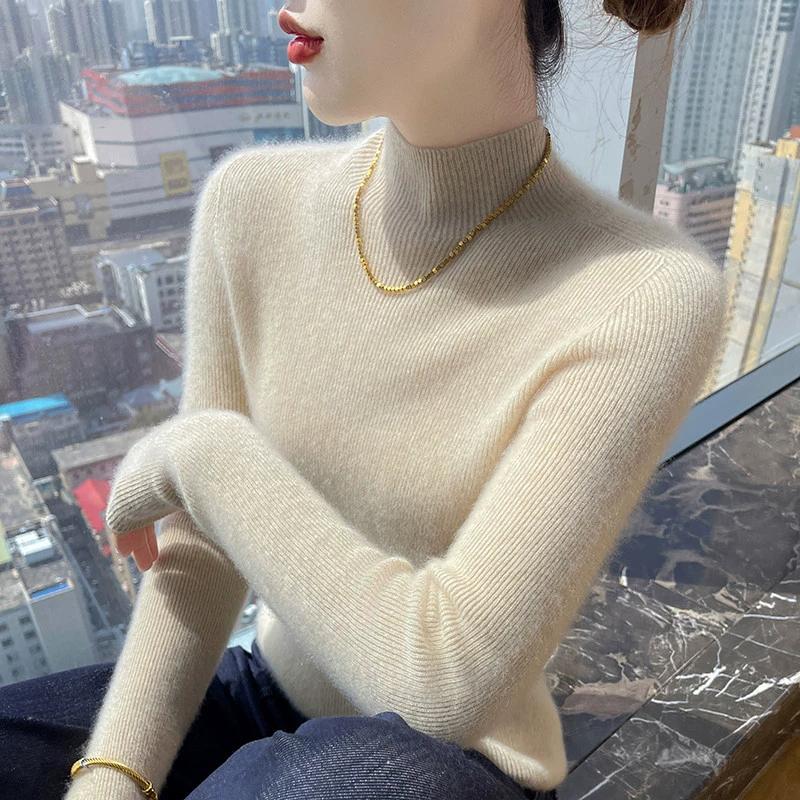 鄂尔多斯市高档羊绒衫女半高领秋冬季修身毛衣无缝一体羊毛打底衫