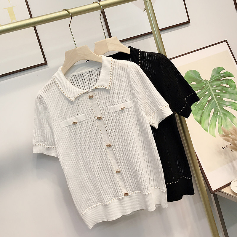 여름 신제품 XIAOXIANGFENG 중공 니트 옷깃 폴로 셔츠 여성용 느슨한 짧은 흑백 반팔 티셔츠 탑