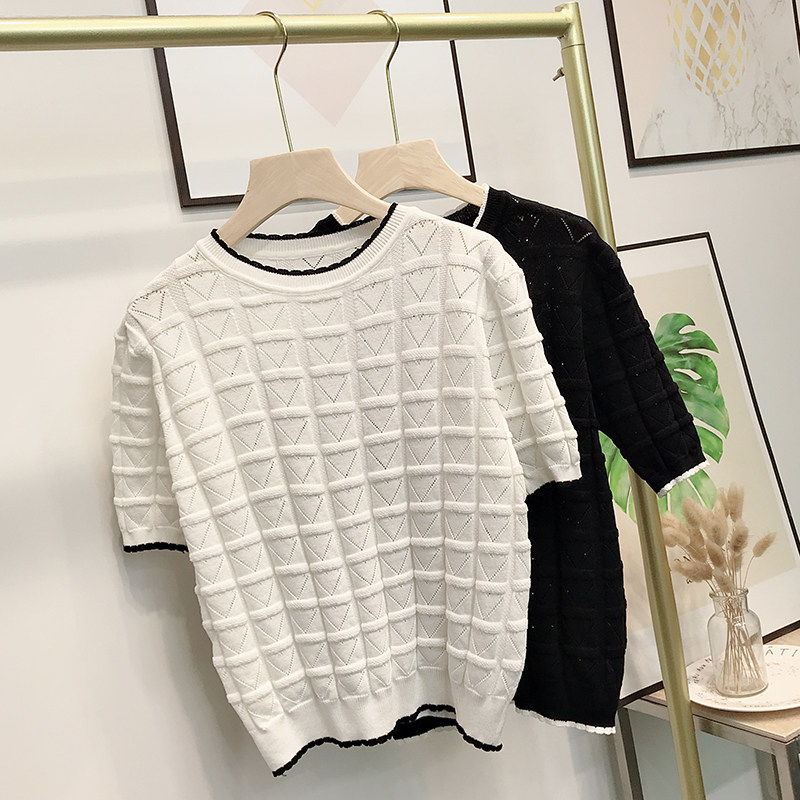 라운드 넥 반팔 티셔츠 여성 풀오버 틈새 디자인 레이스 마름모 패션 단순 느슨한 얼음 실크 스웨터