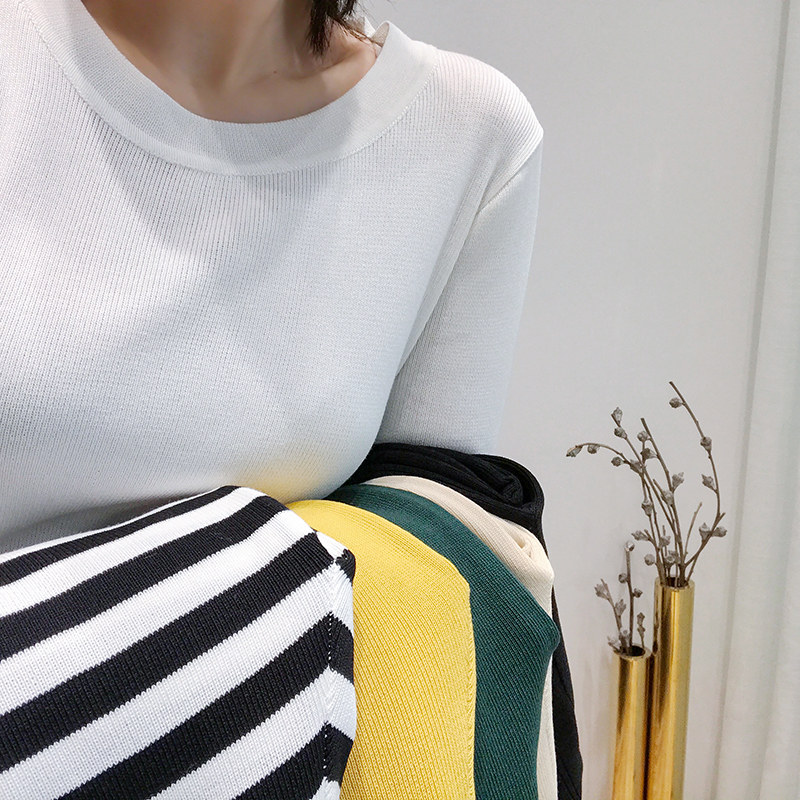 2024 가을 겨울 새로운 아이스 실크 스웨터 슬림핏 탑 7부 소매 얇은 다용도 라운드 넥 바닥 셔츠 여성용