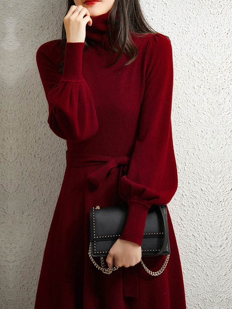 RED HIGH NECK KNITTED DRESS WOMENS FALL WINTER 2024 NEW VINTAGE LAZY WIND BALLOON SLEEVE BASE SWEATER DRESS