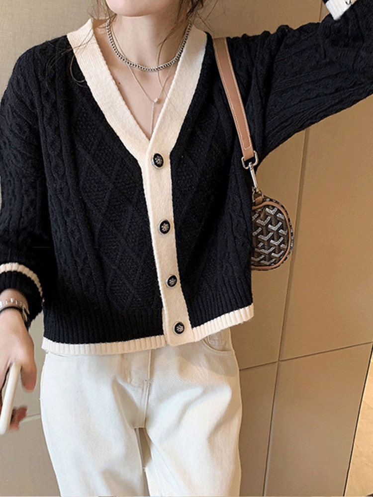 가을 겨울 여성용 레트로 게으른 스타일 니트 카디건 새로운 대비 색상 루즈한 아우터 V 넥 하이 엔드 스웨터 재킷