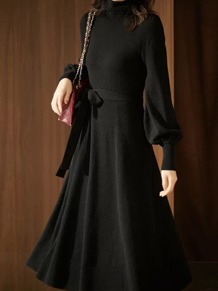 RED HIGH NECK KNITTED DRESS WOMENS FALL WINTER 2024 NEW VINTAGE LAZY WIND BALLOON SLEEVE BASE SWEATER DRESS