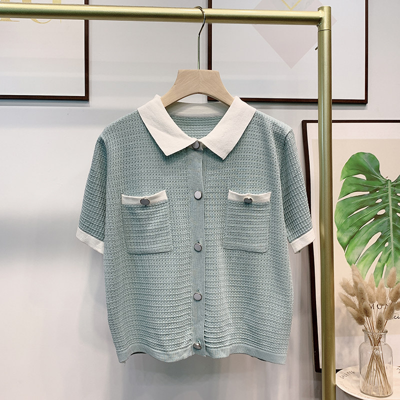 폴로 셔츠 옷깃 반팔 티셔츠 여성용 느슨한 얇은 여름 V 넥 아이스 실크 스웨터 중공 버튼 쇼트 탑