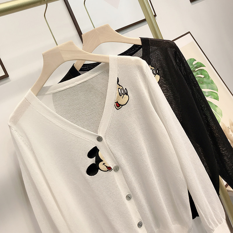 아이스 실크 니트 가디건 여성 여름 얇은 자수 프린트 한국 학생 V 넥 에어컨 셔츠 자외선 차단 의류