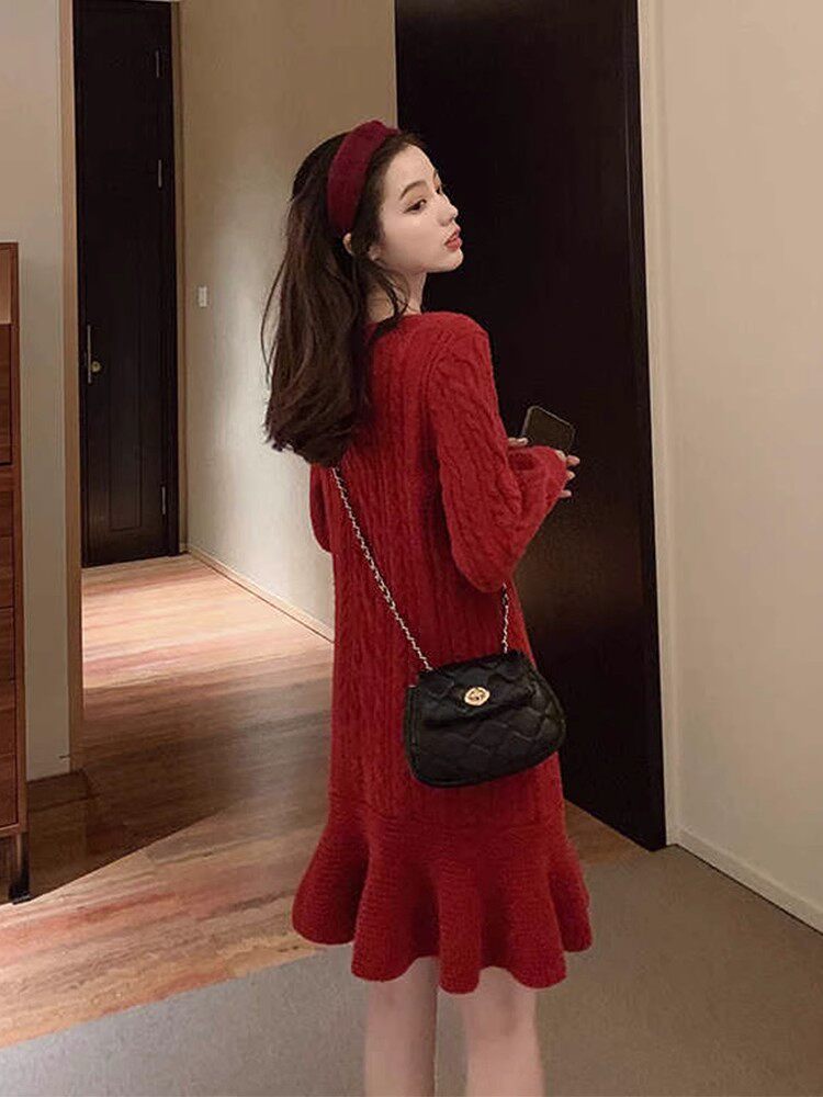 RED SWEATER DRESS WOMENS MID LENGTH LOOSE KOREAN VERSION LAZY STYLE 2024 NEW FALL WINTER LONG SLEEVE KNIT DRESS