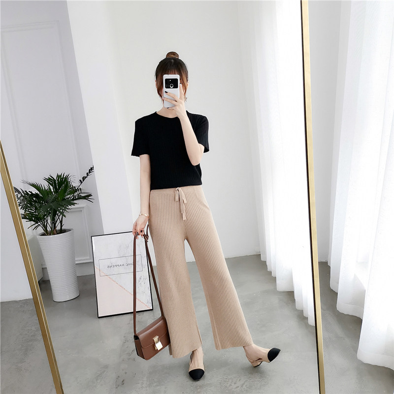 아이스 실크 니트 와이드 팬츠 여름 얇은 하이웨이스트 스트레이트 팬츠 루즈하고 슬림한 홍콩 스타일 만능 기질 9부 팬츠