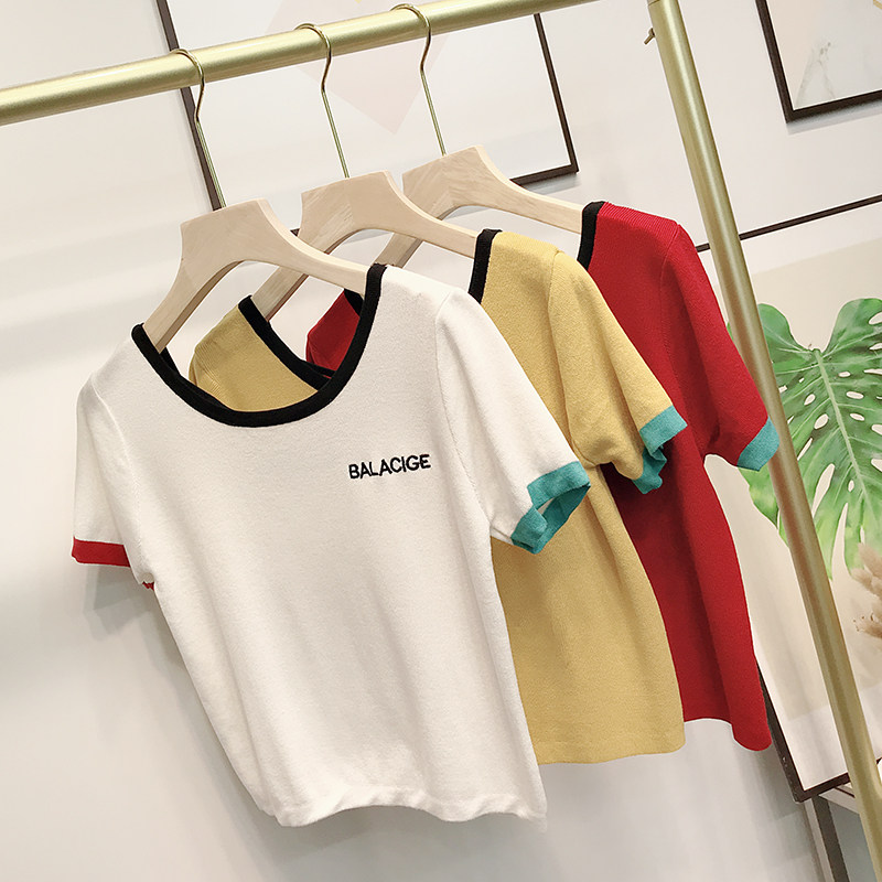 로우 라운드 넥 풀오버 여름 신상품 얇은 컬러 차단 아이스 실크 니트 쇼트 탑이 있는 여성용 크로스백 반팔 티셔츠