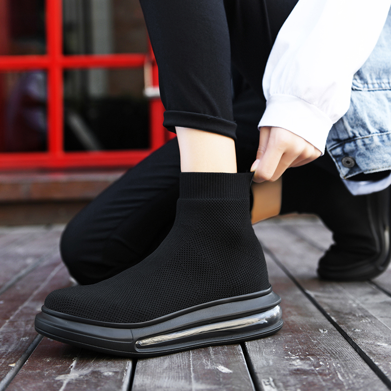 多好走路鞋一脚蹬女鞋气垫鞋网面全黑透气软底高帮懒人休闲运动鞋