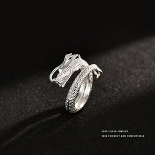 S999纯银龙年本命年龙戒指男款高级感生肖足银开口时尚个性食指戒
