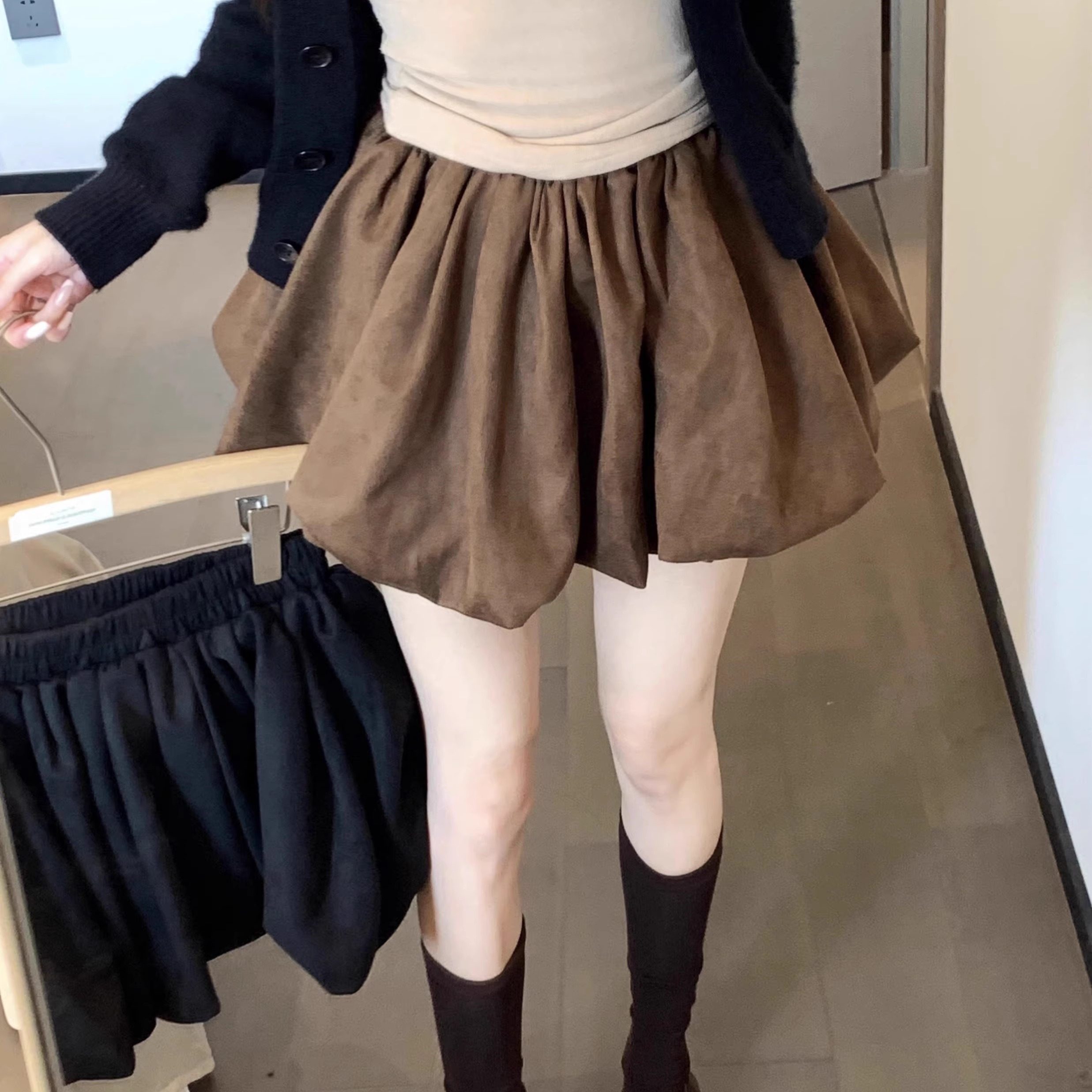 小个子仿麂皮绒花苞半身裙女2025秋冬新款宽松百搭A字蓬蓬短裙子