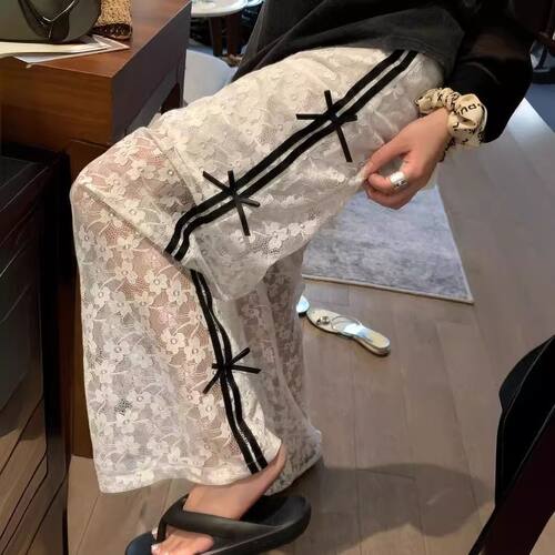 蕾丝镂空拼接蝴蝶结阔腿裤休闲裤