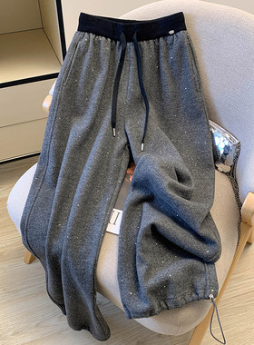 灰黑色满天星重工拼接抽绳松紧腰卫裤女秋冬高级感加绒加厚弯刀裤