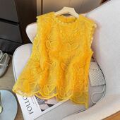 2025设计感蕾丝拼接宽松上衣 背心女夏季 法式 刺绣镂空勾花圆领无袖