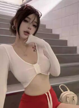 性感辣妹V领露脐运动瑜伽上衣女