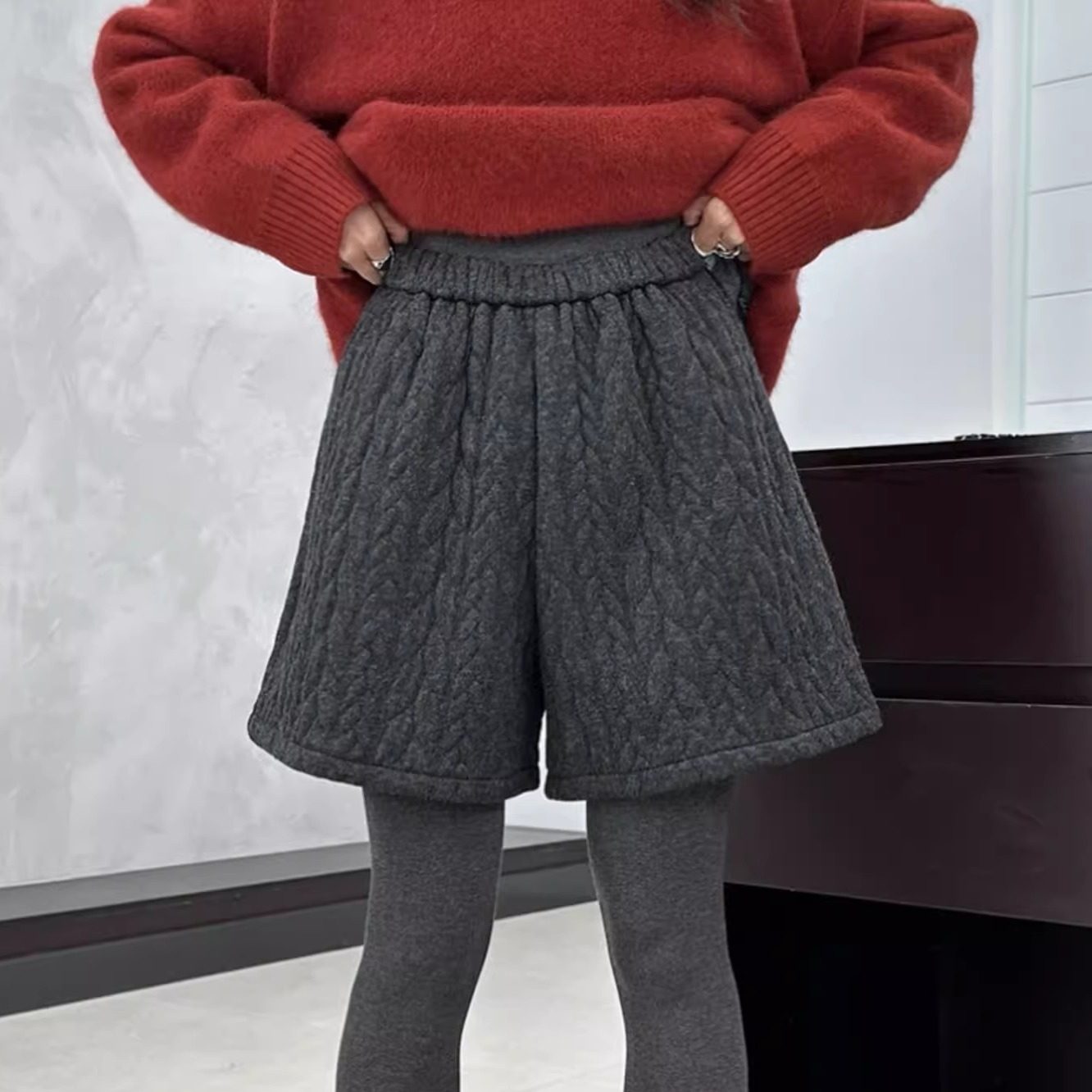 复古麻花针织短裤女新款宽松显瘦纯色五分靴裤休闲运动a字百搭裤