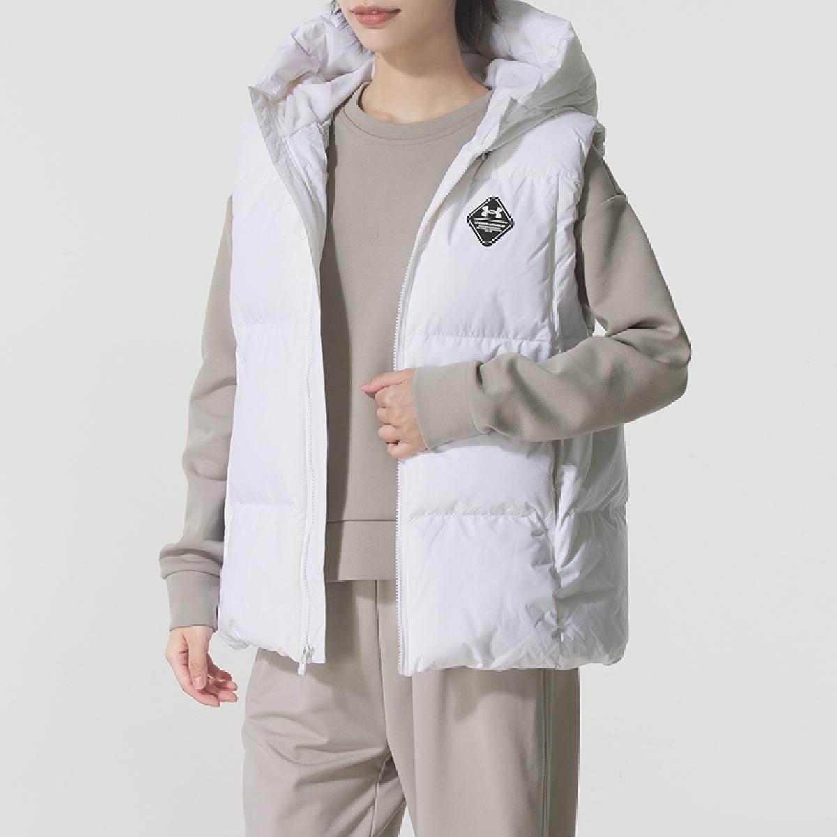 安德玛UnderArmour女冬季连帽白色鸭绒羽绒马甲外穿马夹1384650