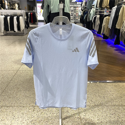 阿迪达斯男速干跑步短袖T恤晶蓝