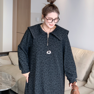 【年末7折】媛子家大码秋冬季长袖宽松型百搭娃娃领豹纹连衣裙女