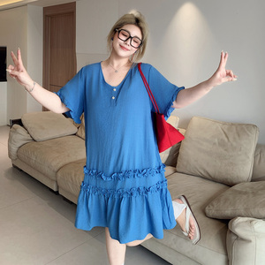 媛子家大码夏季气质通勤宽松遮肉显瘦胖mm简约拼接木耳边连衣裙女