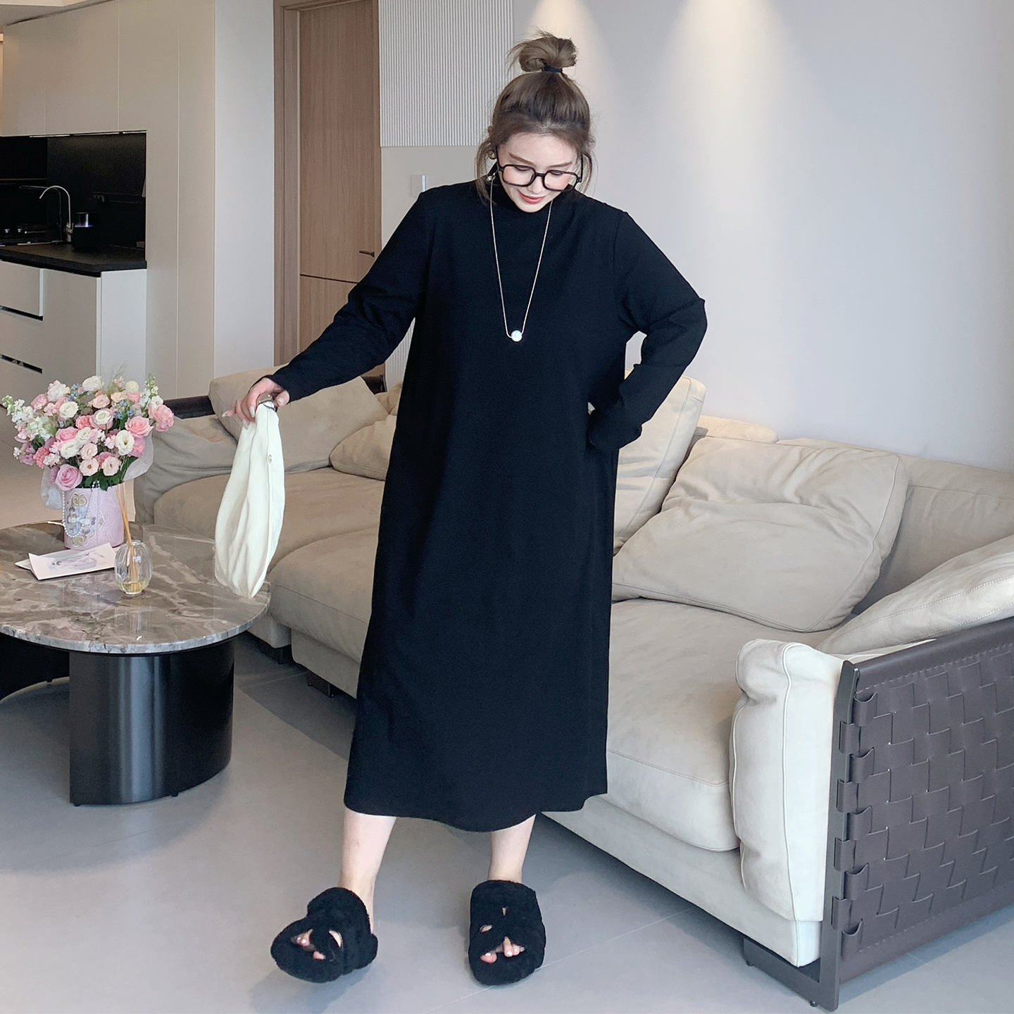 媛子家大码秋冬加厚打底裙新款胖mm宽松百搭显瘦纯色半高领连衣裙