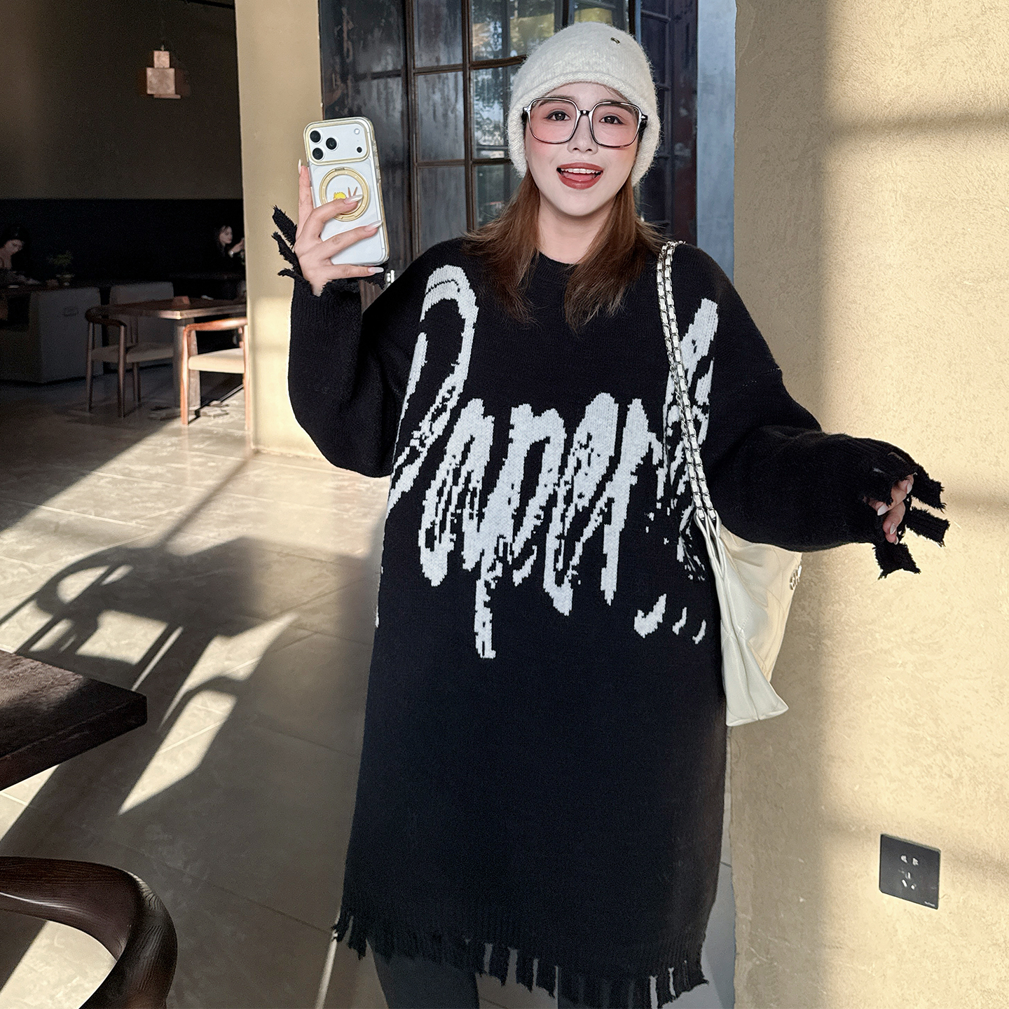 媛子家大码冬季宽松百搭胖mm印花流苏慵懒风圆领毛衣针织连衣裙女