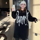 媛子家大码 宽松百搭胖mm印花流苏慵懒风圆领毛衣针织连衣裙女 冬季