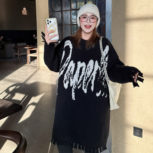 媛子家大码冬季宽松百搭胖mm印花流苏慵懒风圆领毛衣针织连衣裙女