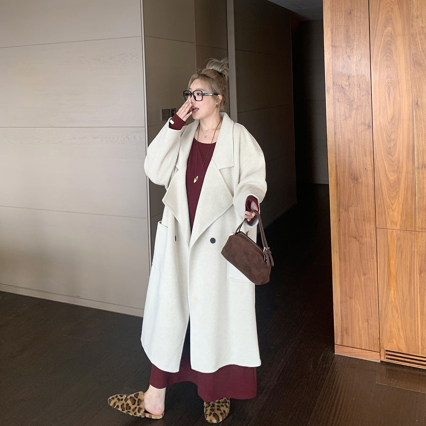 媛子家大码轻熟风简约双排扣毛呢大衣女中长款胖mm高级感通勤外套