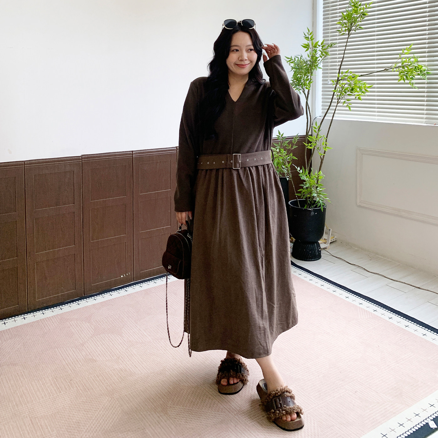 媛子家大码秋季通勤宽松遮肉显瘦胖mm韩系减龄腰带收腰连衣裙女