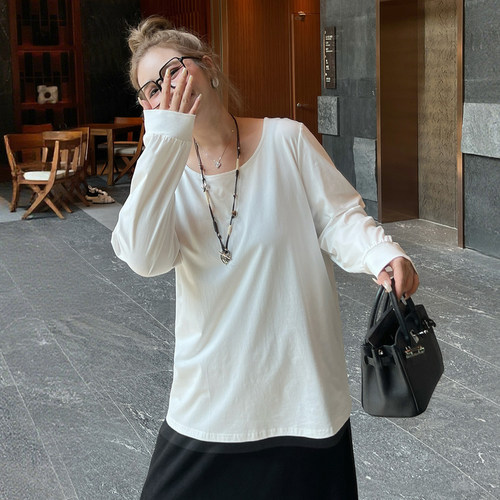 媛子家大码秋季打底宽松休闲风百搭韩版慵懒风胖mm圆领长袖T恤女