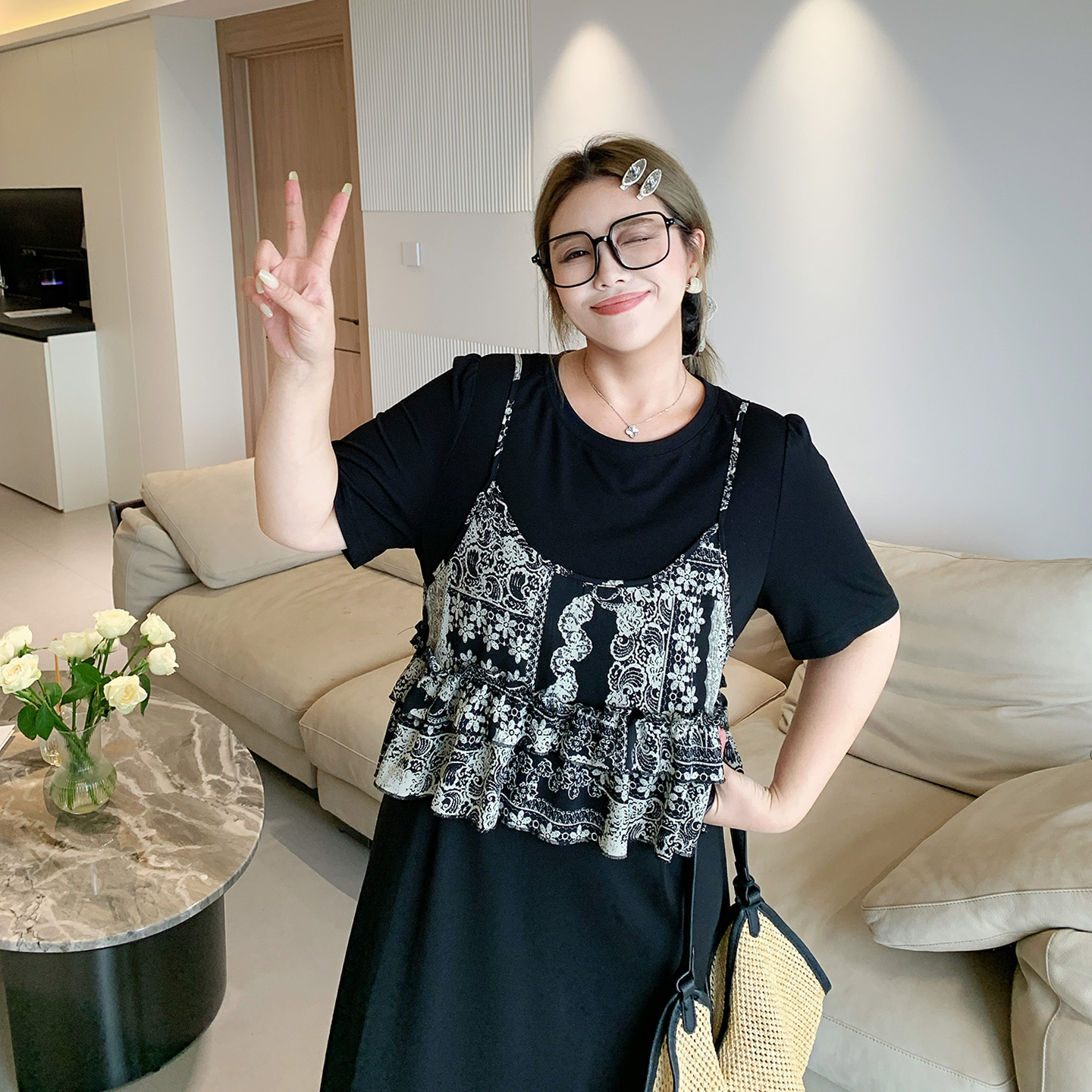 媛子家大码夏季宽松遮肚显瘦时尚连衣裙拼接胖mm显瘦设计感长裙女