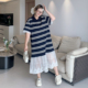 POLO领拼接清新减龄胖mm条纹连衣裙女 媛子家大码 5折清仓 夏季
