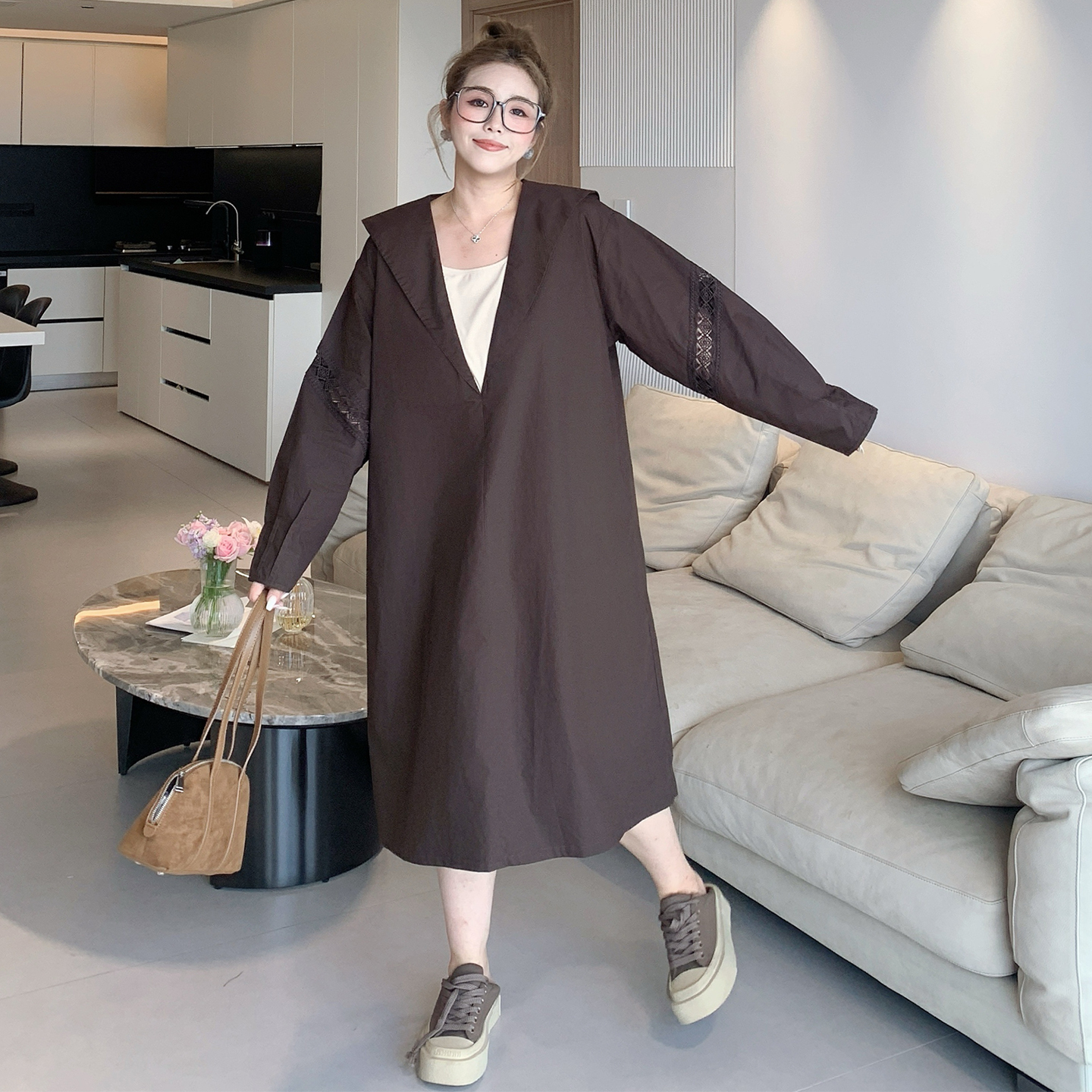 媛子家大码秋季新款胖mm宽松通勤拼接时尚百搭宽松显瘦气质连衣裙