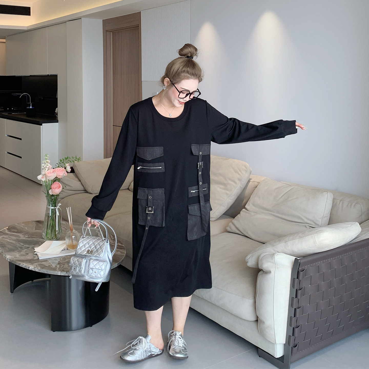 媛子家大码秋季胖mm拼接遮肉显瘦宽松时尚连衣裙气质圆领工装长裙