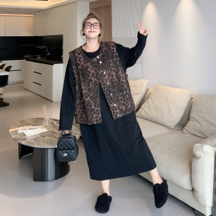 媛子家大码春季小马甲开衫背心豹纹宽松胖mm百搭外套通勤休闲女装