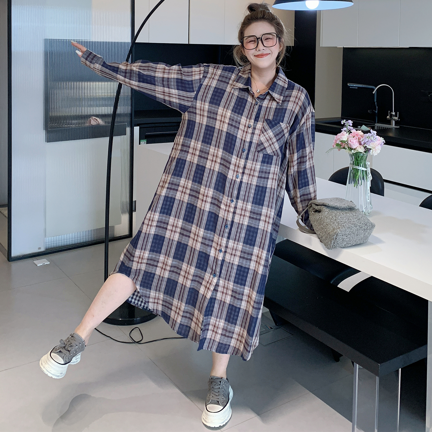 媛子家大码秋季新款胖mm宽松通勤时尚简约百搭宽松显瘦格子连衣裙