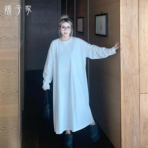 媛子家大码春春夏新款胖mm长款纯色长T恤裙宽松棉圆领打底连衣裙