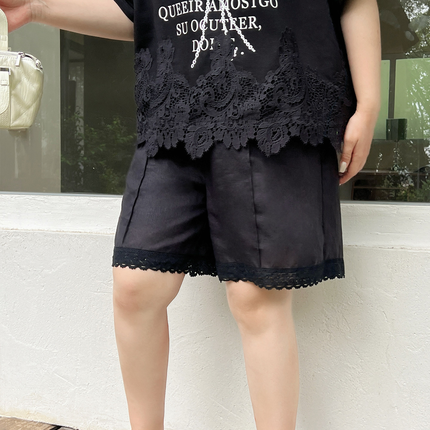 【5折清仓】媛子家大码女装夏季遮肉显瘦松紧腰休闲短裤蕾丝拼接,女装/女士精品,大码裤装,淘宝优惠券,粉丝福利购,淘宝优惠卷