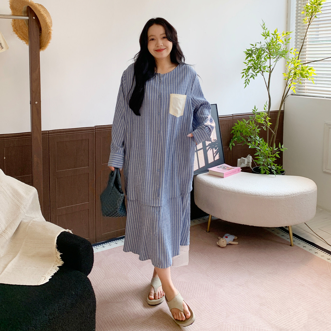 媛子家大码秋季通勤宽松遮肉显瘦胖mm竖条纹假两件衬衫连衣裙女