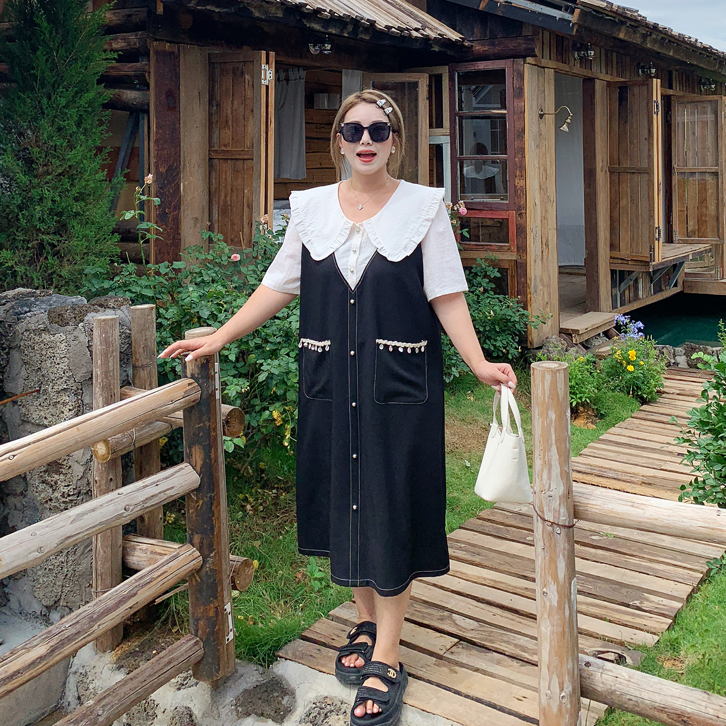 媛子家大码女装夏季新款减龄胖mm设计感遮肚假两件宽松遮肉连衣裙