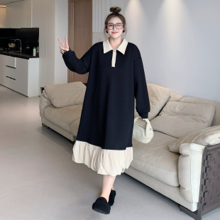 简约胖mm气质百搭Polo领圆领荷叶底拼接连衣裙 韩版 媛子家大码 秋季