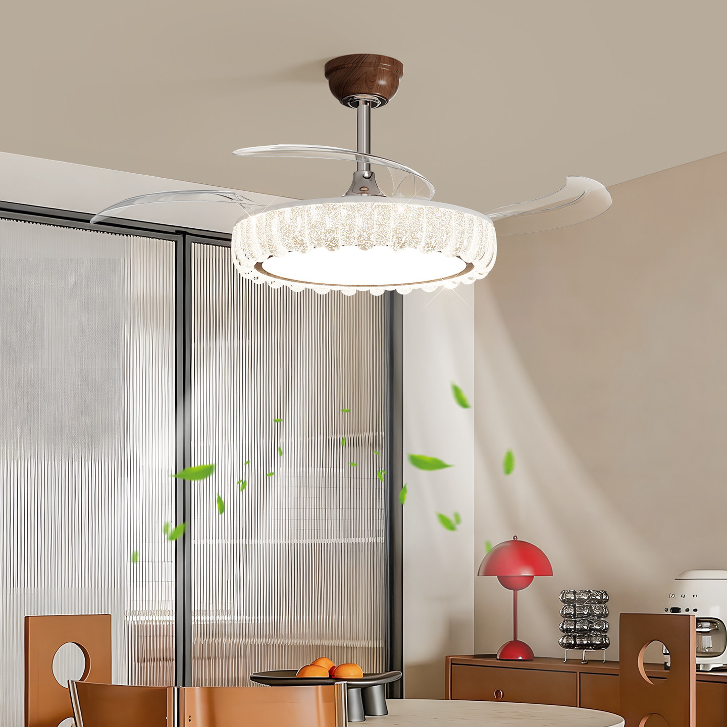 中古风隐形风扇灯餐厅吊扇灯静音变频一体意式轻奢餐桌卧室风扇灯