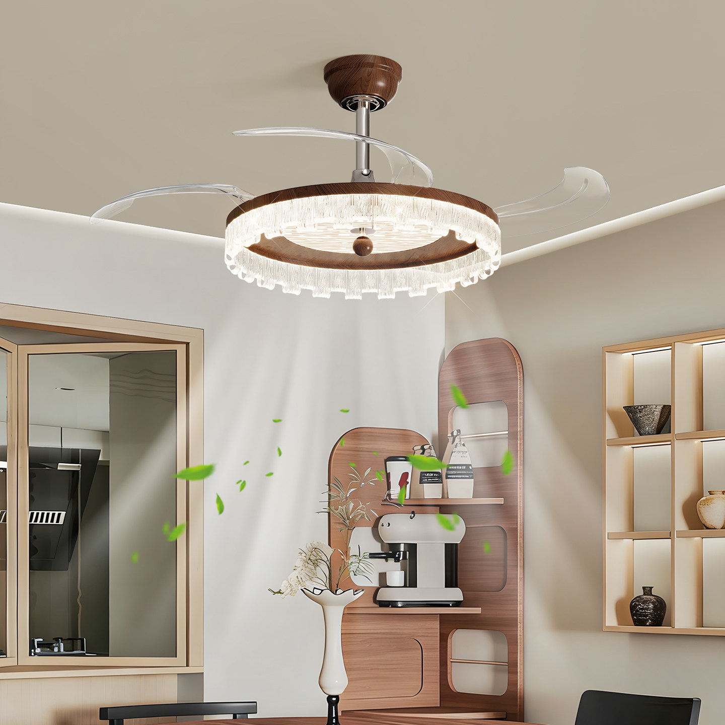 中古风冰川隐形风扇餐厅吊灯高级感2026新款创意式主卧室吊扇灯具