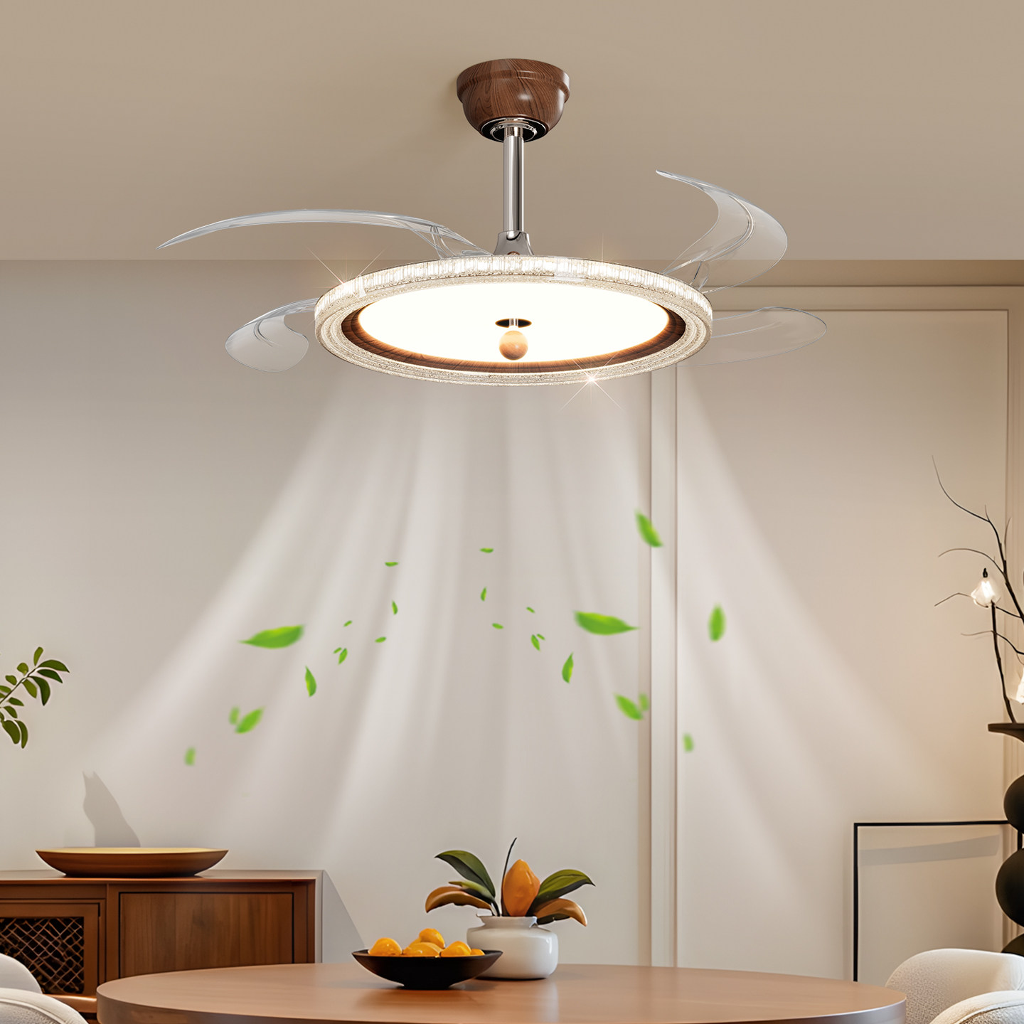 法式中古风隐形风扇灯餐厅灯一体美式简约全光谱餐桌卧室吊扇灯具