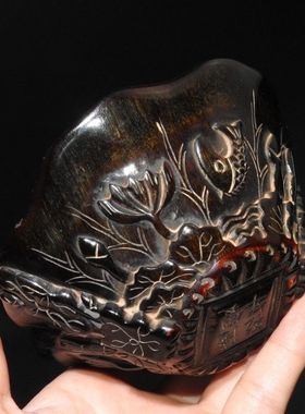古玩古董杂项收藏,老角碗纯手工雕刻老牛角碗