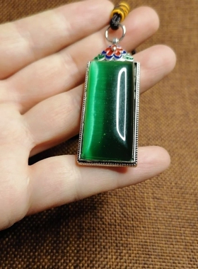 925银镶嵌猫眼石虎眼石长形吊坠项链毛衣链 帝王绿男女吊坠毛衣链